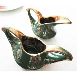 China Company, Handpainted, Hunter Green, 22 KT Gold Plated, Sugarl & Cream Dish